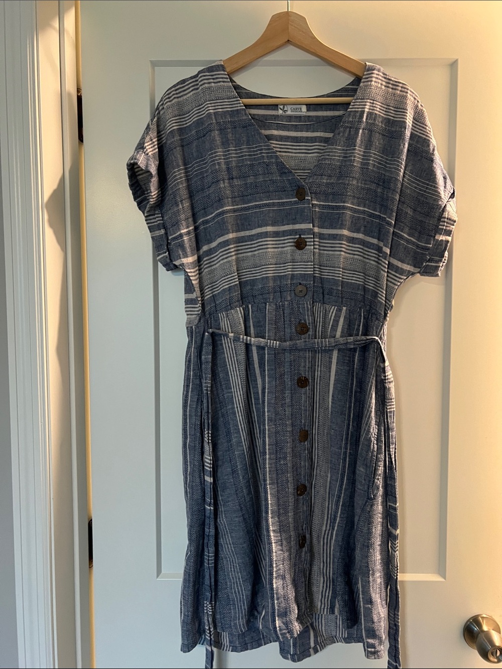 Carve Designs Blue and White Striped Midi Dress with Tie Waist